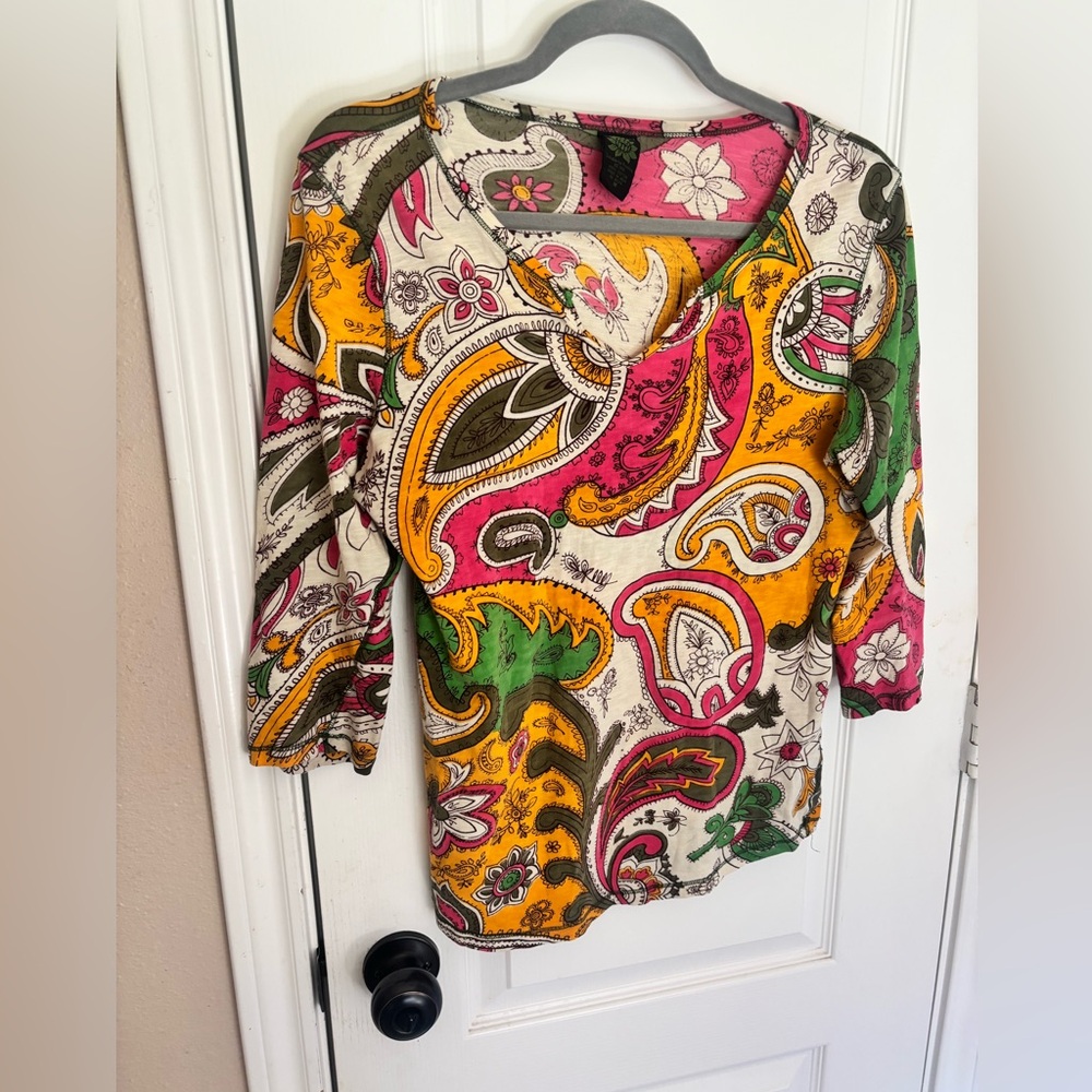 Lucky Brand Boho Paisley Scoop Neck Tunic in Pink, Yellow & Green Medium